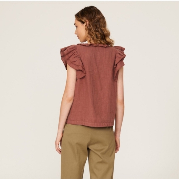 Sita Murt 100% Linen Blouse Ruffled Cap Sleeve Asymmetrical Button Size L/42 - Picture 8 of 8